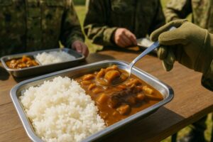 Japanese curry rice served outdoors in a military-style setting