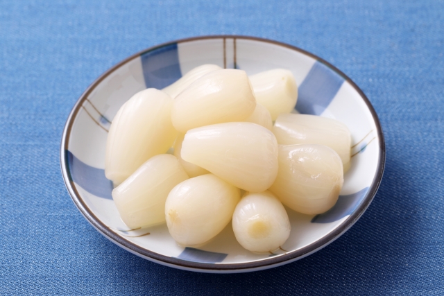 Pickled rakkyo bulbs commonly served with Japanese curry