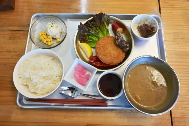 Japanese school lunch with curry, rice, and side dishes