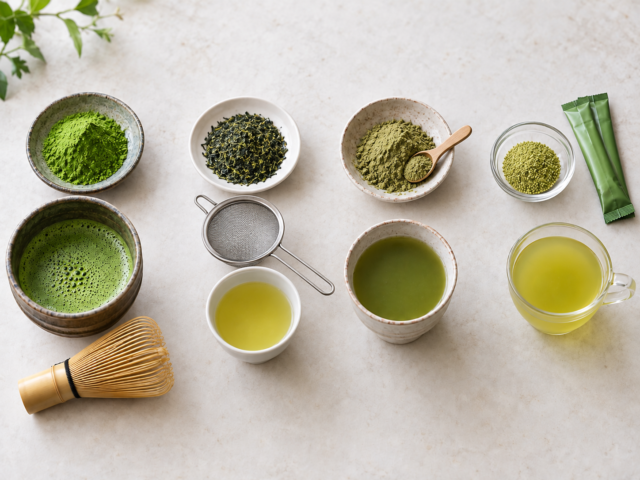 Comparison of matcha, konacha, powdered green tea, and instant green tea with their typical preparation tools