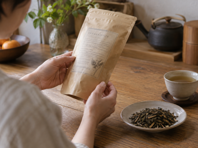 A person checking a tea package label beside loose san-nen bancha leaves and a cup of tea