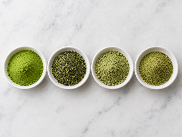 Four types of Japanese green tea powder: matcha, konacha, powdered green tea, and instant green tea