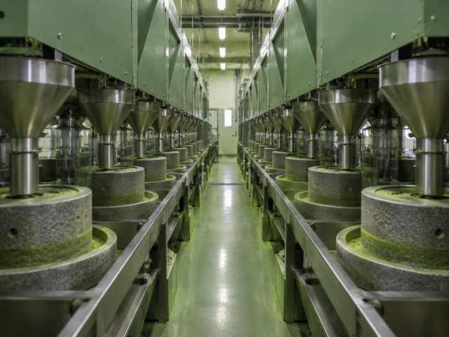 Rows of traditional stone mills used in modern matcha production