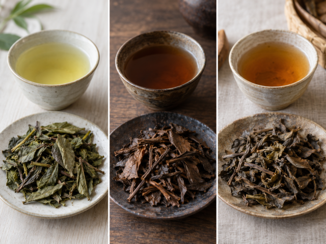 Three visually different styles of bancha, showing green, roasted, and darker regional tea variations.