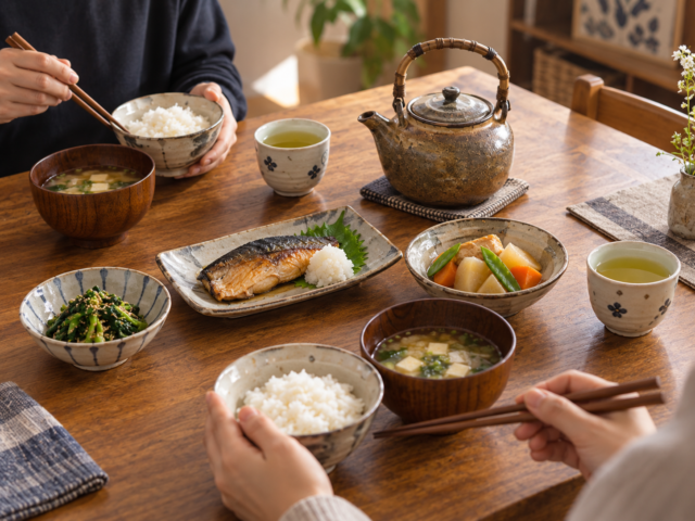 Bancha served with a simple everyday Japanese meal at a family table.