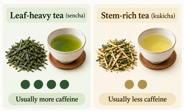 Comparison infographic showing leaf-heavy sencha and stem-rich kukicha, with kukicha usually containing less caffeine