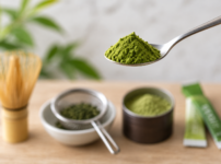 Four forms of Japanese green tea: matcha, konacha, powdered green tea, and instant green tea