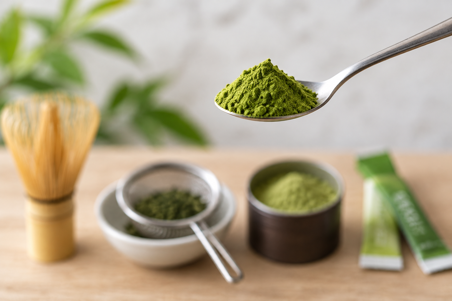 Four forms of Japanese green tea: matcha, konacha, powdered green tea, and instant green tea