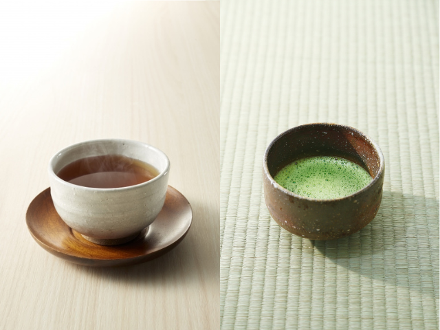 Hojicha and matcha served side by side in Japanese tea cups, showing their contrasting brown and vivid green colors