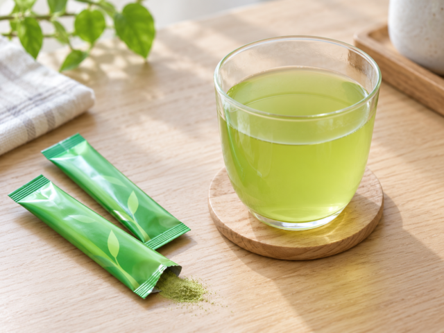 Instant green tea stick packets and a glass of green tea made by dissolving the powder in water