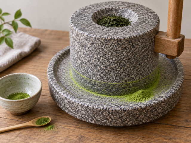 Traditional stone mill slowly producing a small amount of matcha powder