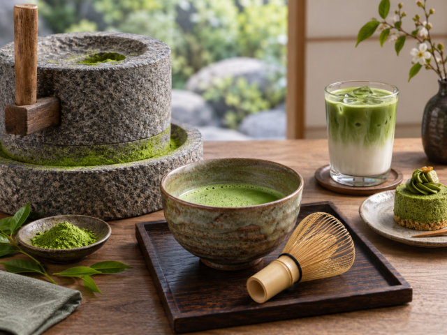 Traditional stone milling alongside modern ways of enjoying matcha