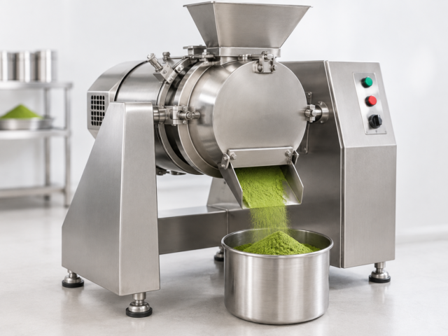 Modern milling equipment producing fine matcha powder