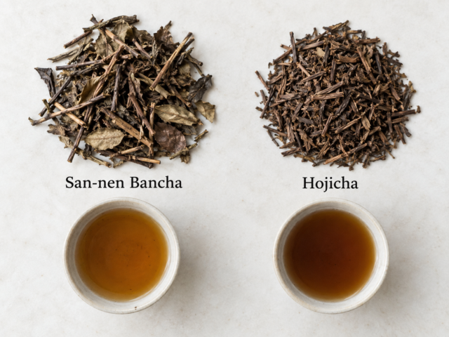San-nen bancha and hojicha leaves and brewed tea shown side by side