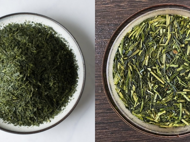 Sencha leaves and kukicha stems shown side by side