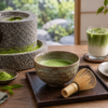 Traditional stone mill grinding matcha with fine green powder on a wooden table