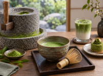 Traditional stone mill grinding matcha with fine green powder on a wooden table