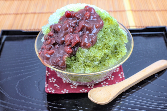 Uji matcha shaved ice topped with chunky anko