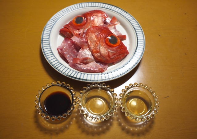 Fish with soy sauce, mirin, and sake prepared for Japanese cooking