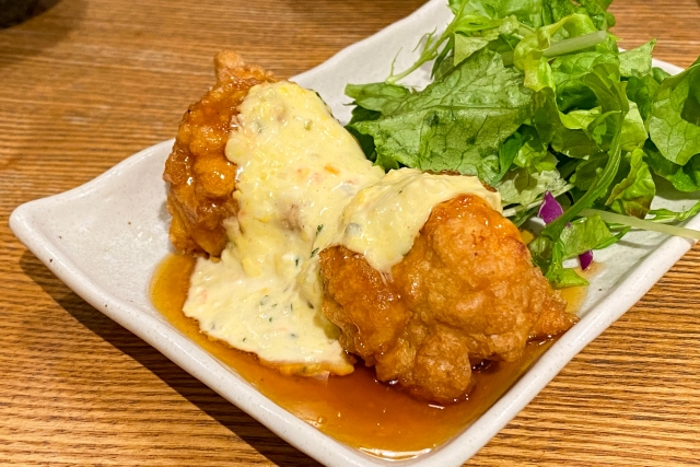 Japanese Chicken Nanban with fried chicken, sweet-and-sour sauce, tartar sauce, and fresh lettuce.