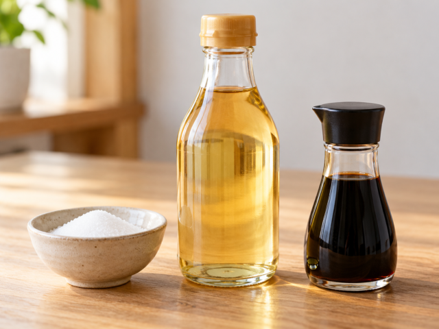 Rice vinegar, soy sauce, and sugar arranged together as basic seasonings for Japanese home cooking.