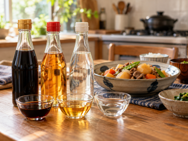 Soy sauce, mirin, and sake displayed on a kitchen table with a homemade Japanese simmered dish in the background.