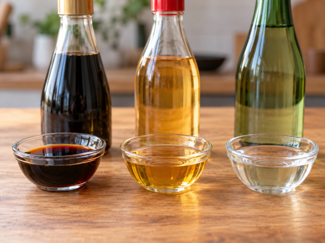 Three Japanese seasonings—soy sauce, mirin, and sake—in glass bowls with bottles behind them.